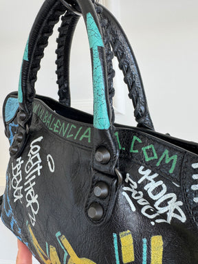 Balenciaga Black Crinkled Leather Graffiti Print City Bag