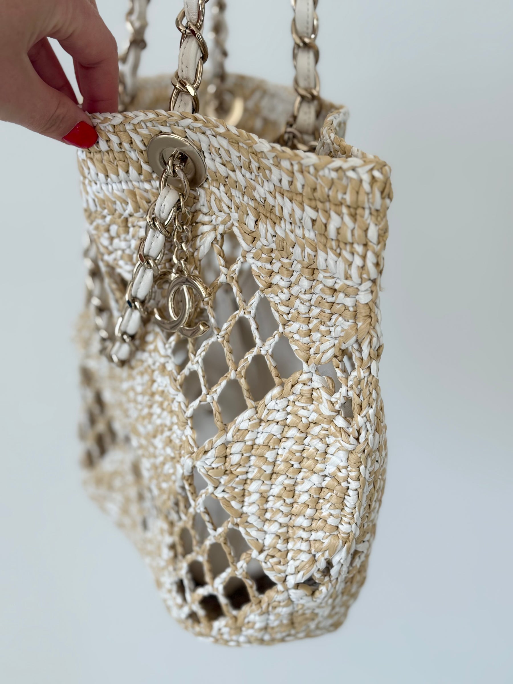 Chanel Natural and White Raffia Chain Leather Tote Bag