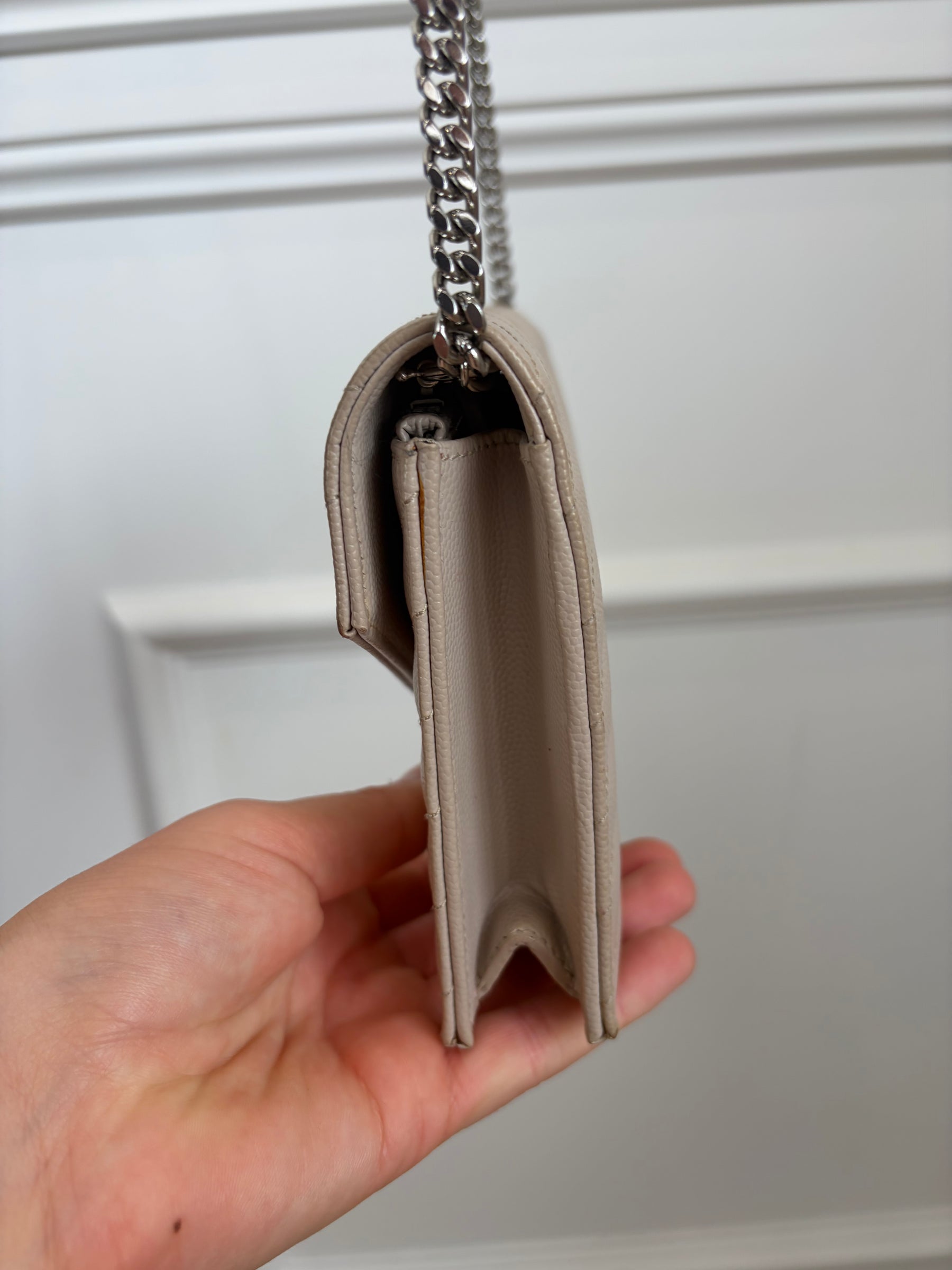Saint Laurent Beige Grained Leather Envelope Chain Wallet