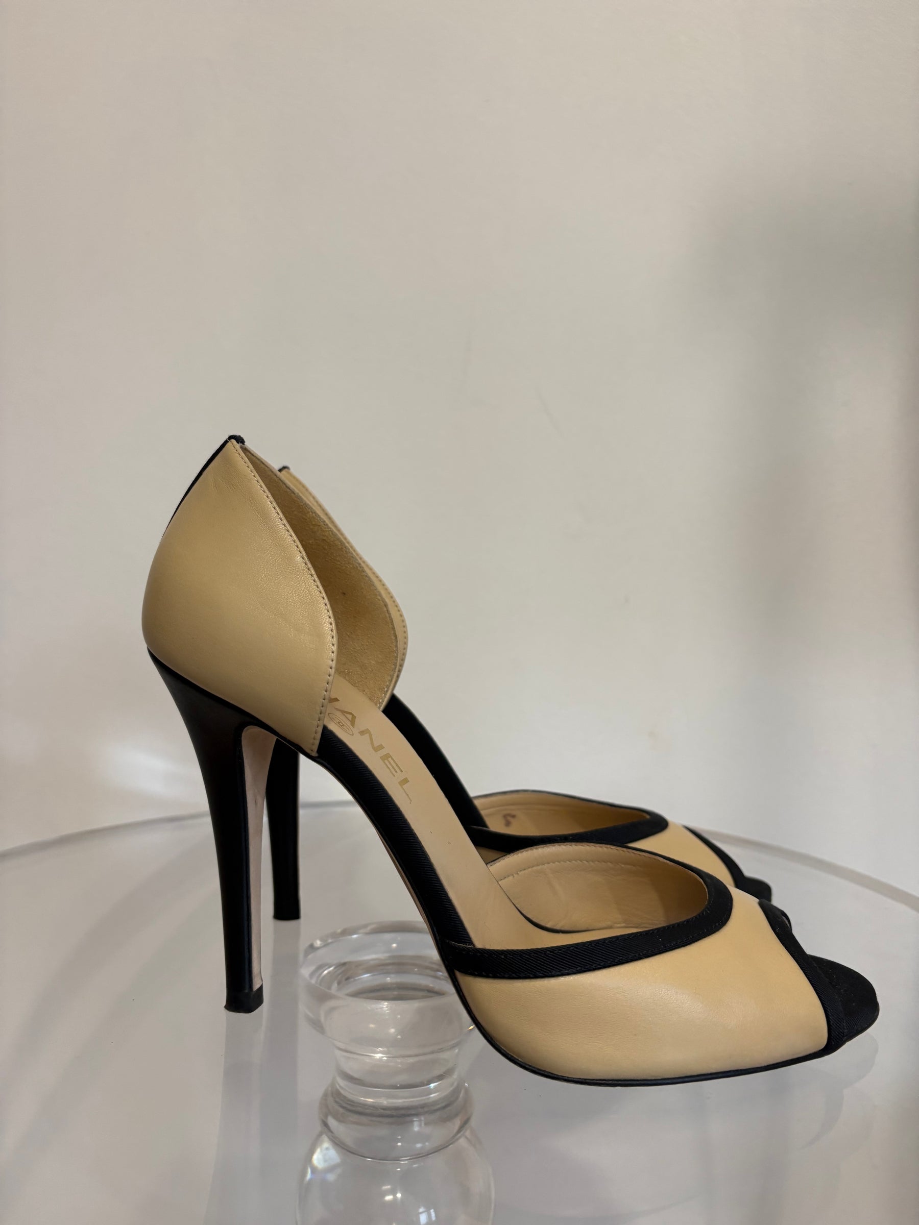 Chanel Beige and Black Peep Toe Pumps, 40 C