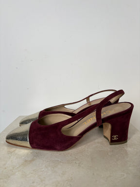 Chanel Burgundy Suede and Champagne Cap Slingbacks, 36 C