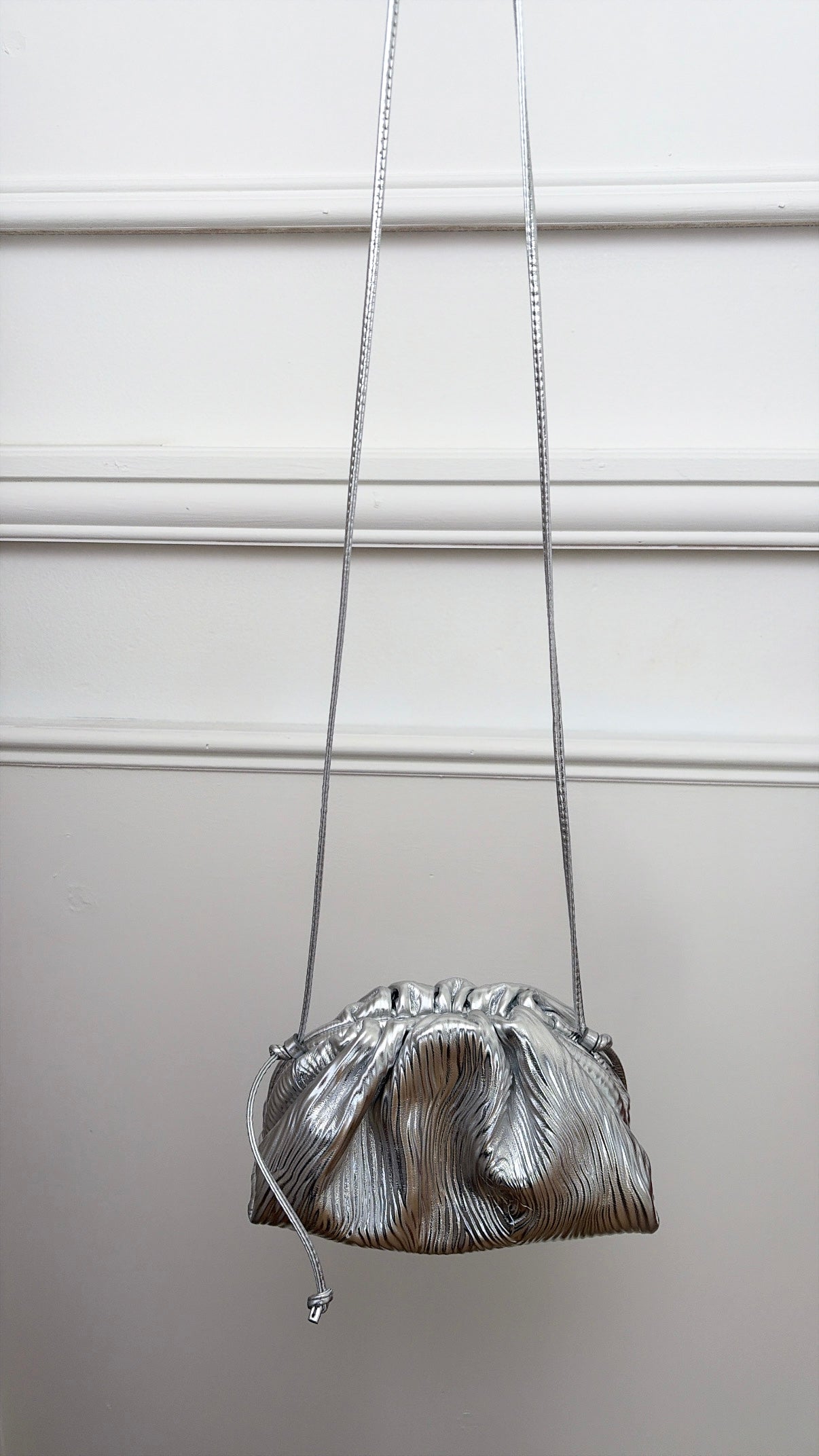 Bottega Mini Cross Body Crinkle Leather Pouch In Silver