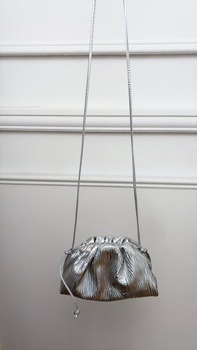 Bottega Mini Cross Body Crinkle Leather Pouch In Silver