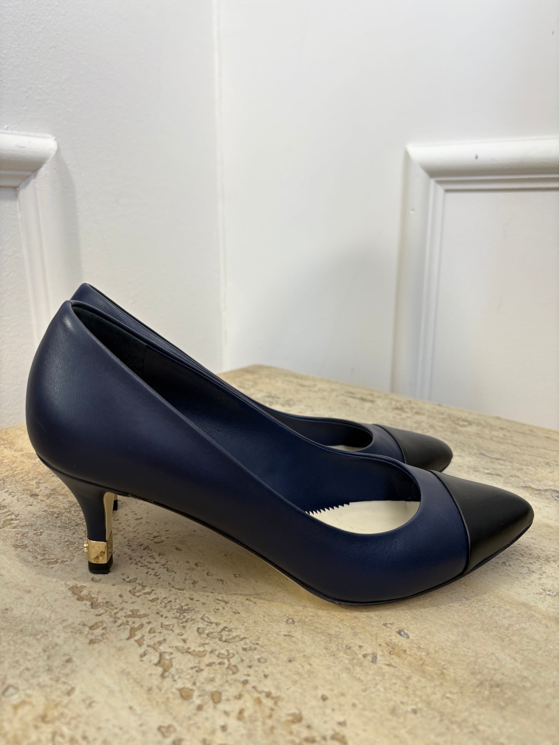 Chanel Navy and Black Leather Pointed Pumps, 36C