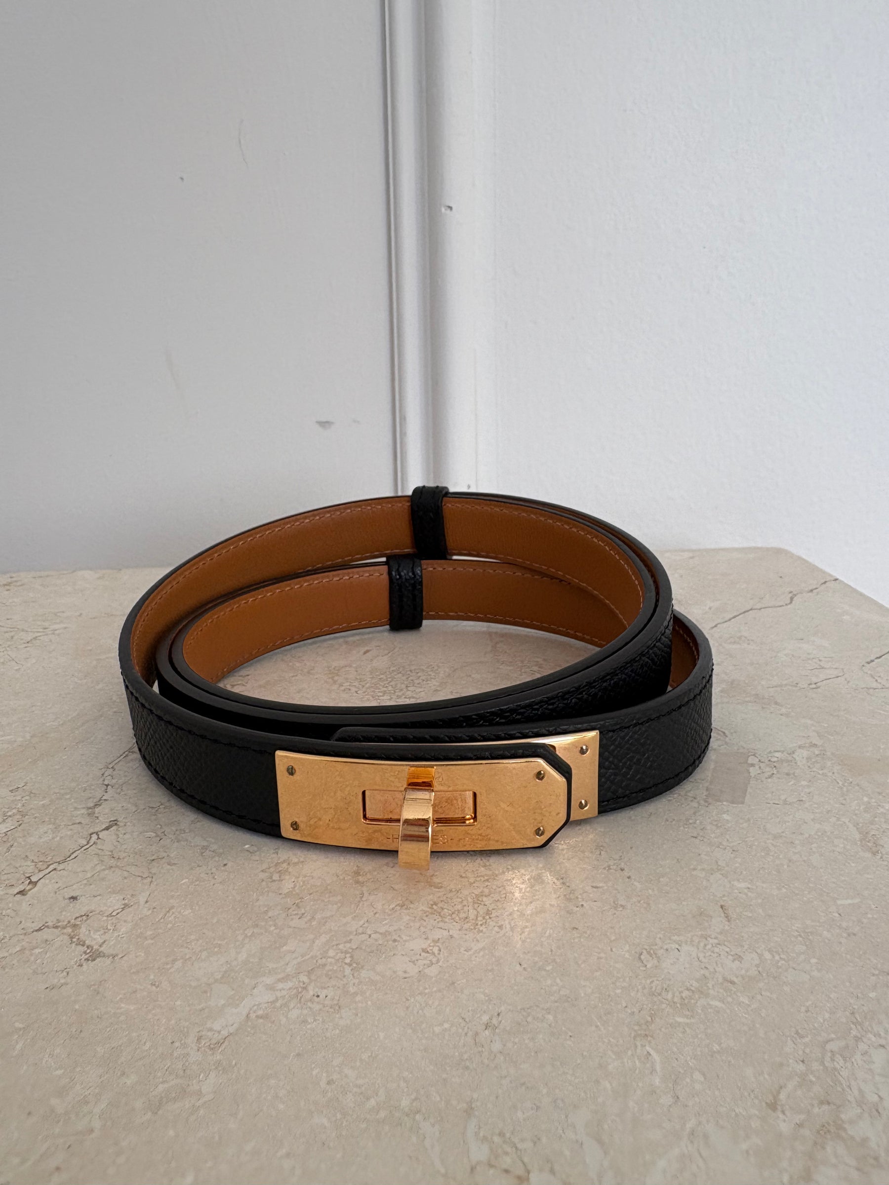 Hermès Black Leather Kelly Belt with Rose Gold Hardware, O/S