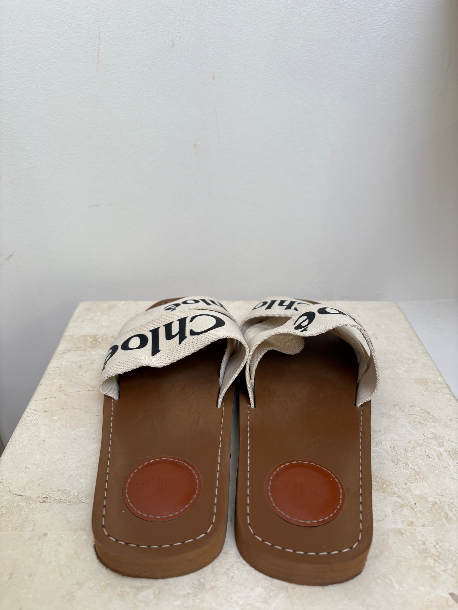 Chloe Woody Canvas Slides In White, 37