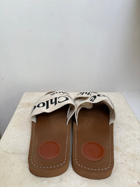 Chloe Woody Canvas Slides In White, 37