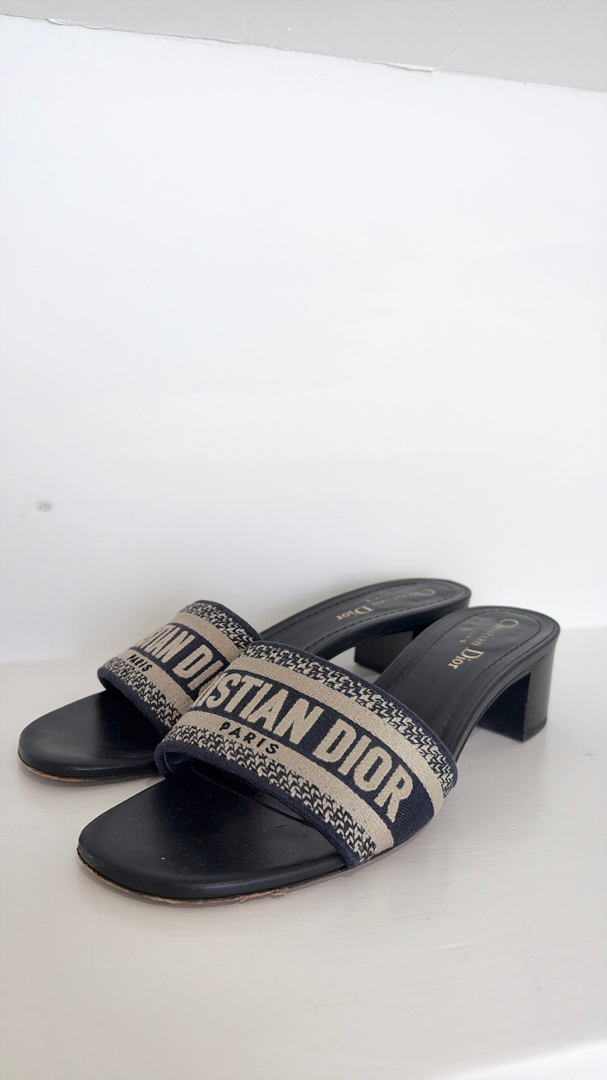 Dior Navy and Beige Canvas Logo Heeled Mules, 39.5