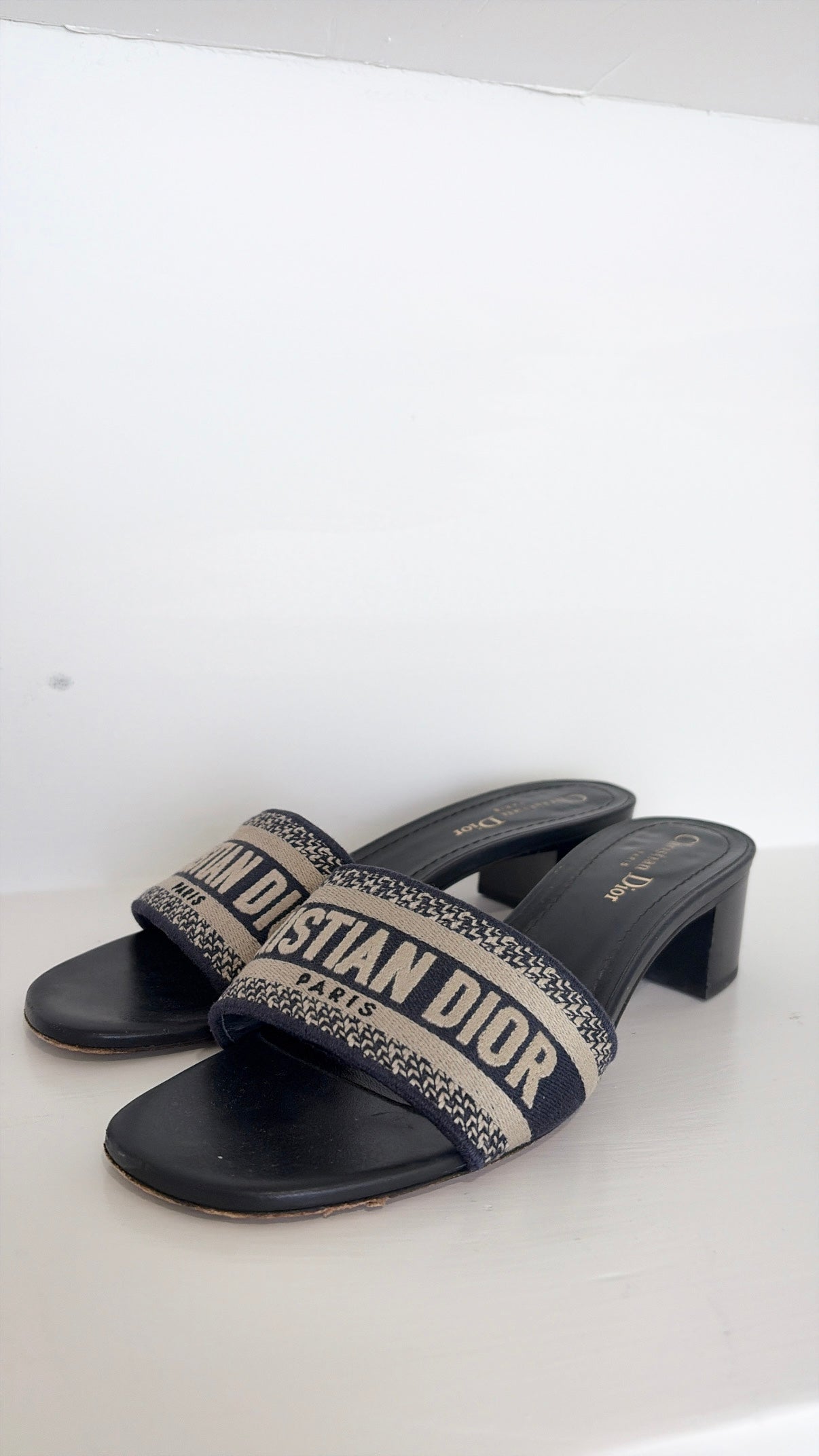 Dior Navy and Beige Canvas Logo Heeled Mules, 39.5