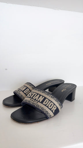 Dior Navy and Beige Canvas Logo Heeled Mules, 39.5