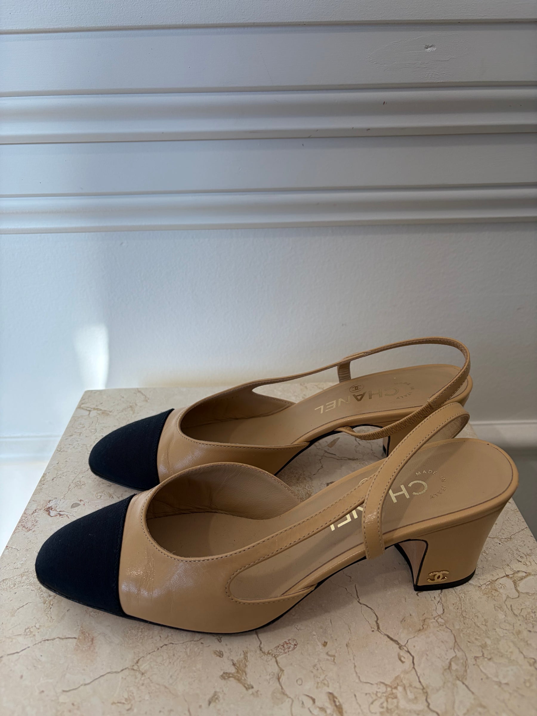 Chanel Black And Beige Sling Back Pumps, 37 C