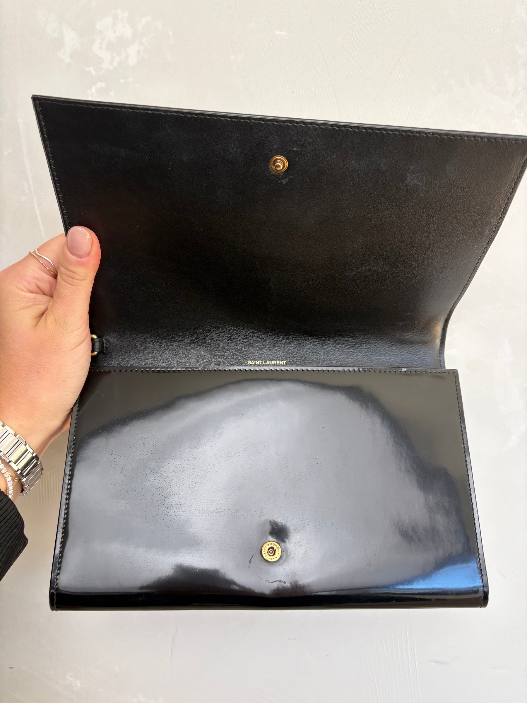 Saint Laurent Black Patent and White Leather Logo Wristlet Clutch