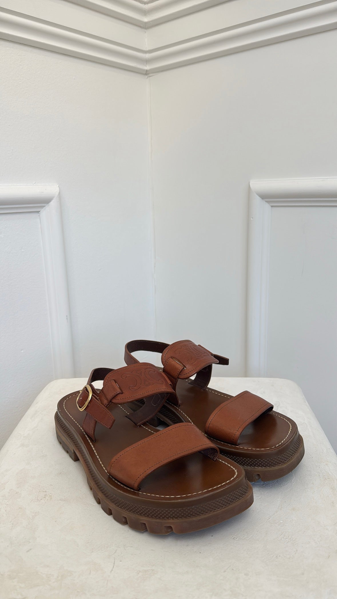 Celine Tan Leather 'Clea' Triomphe Chunky Sandals, 38