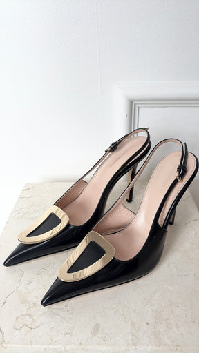 Scanlan Theodore Black Leather Pointed buckle Slingback Pumps, 38