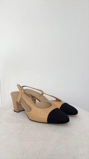 Chanel Beige and Black Heeled Slingback, 36