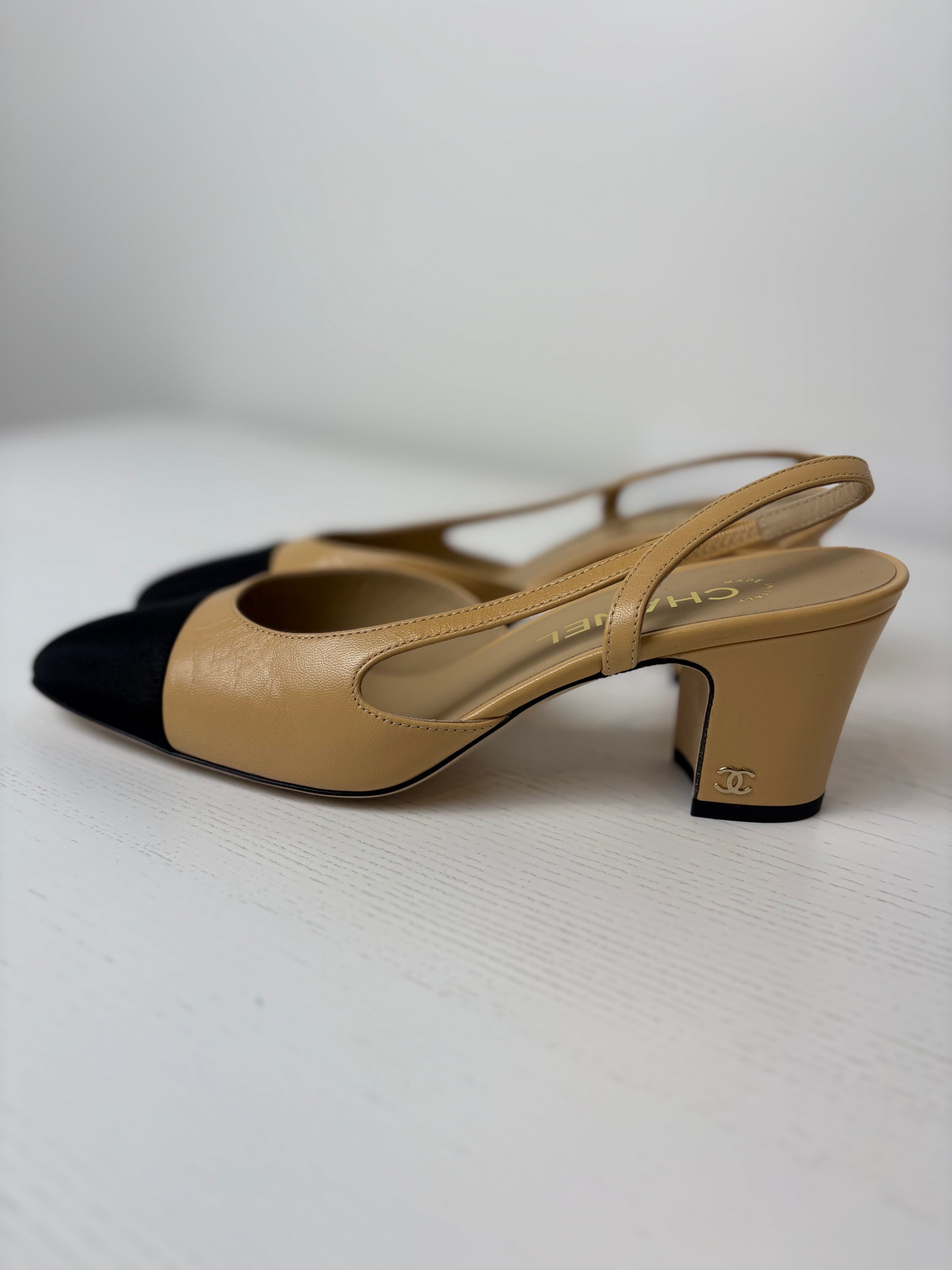 Chanel Beige and Black Heeled Slingbacks, 38.5