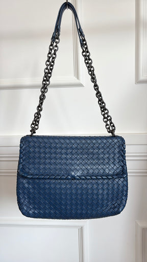 Bottega Veneta Blue Intrecciato Leather Olimpia Shoulder Flap Bag, S