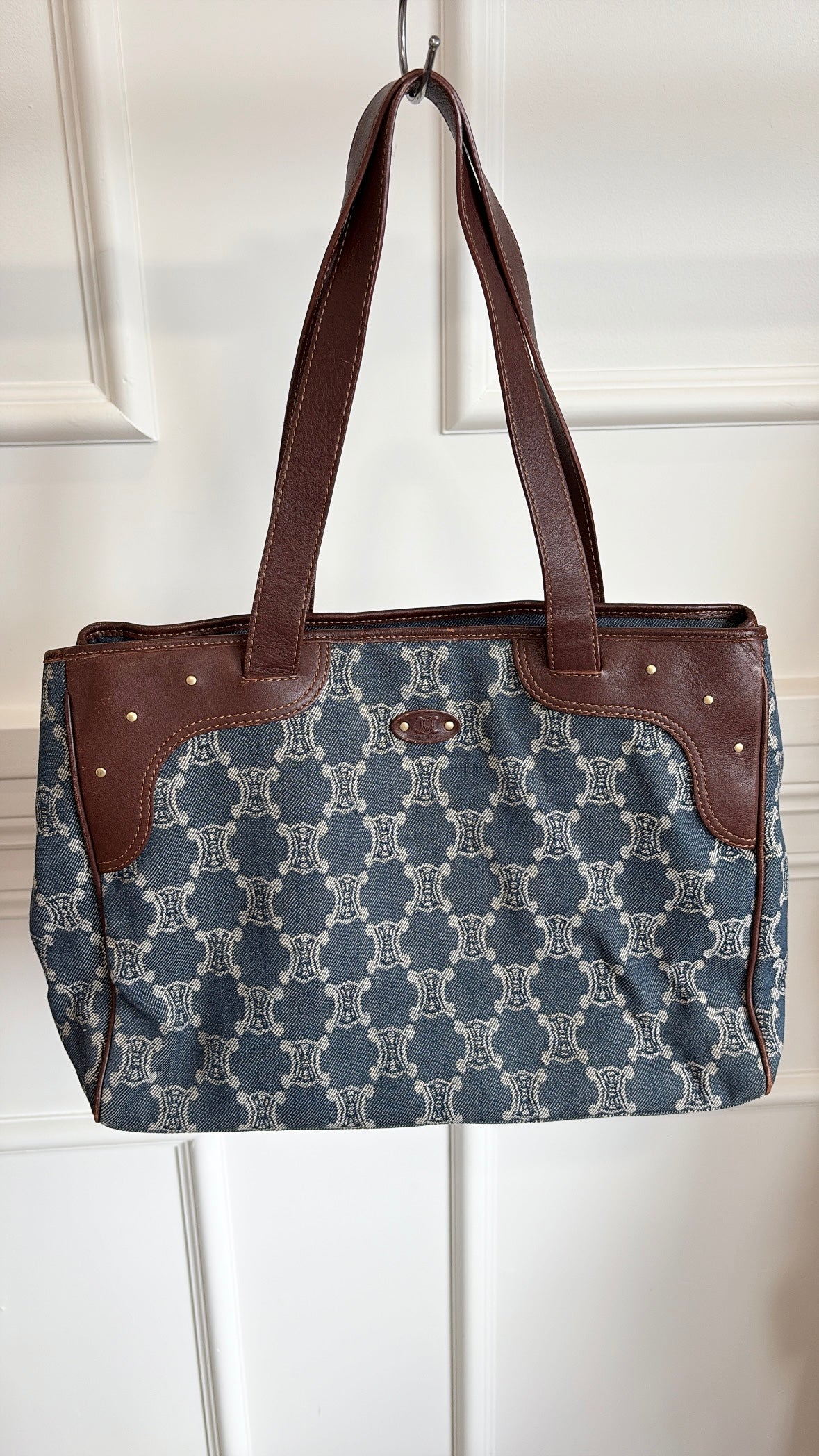 Celine Blue Denim Triomphe Logo Macadam Tote Bag