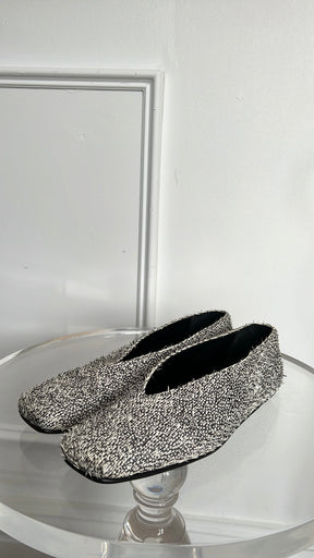 Camilla and Marc Black and White Feathered Square Toe Flats, 41