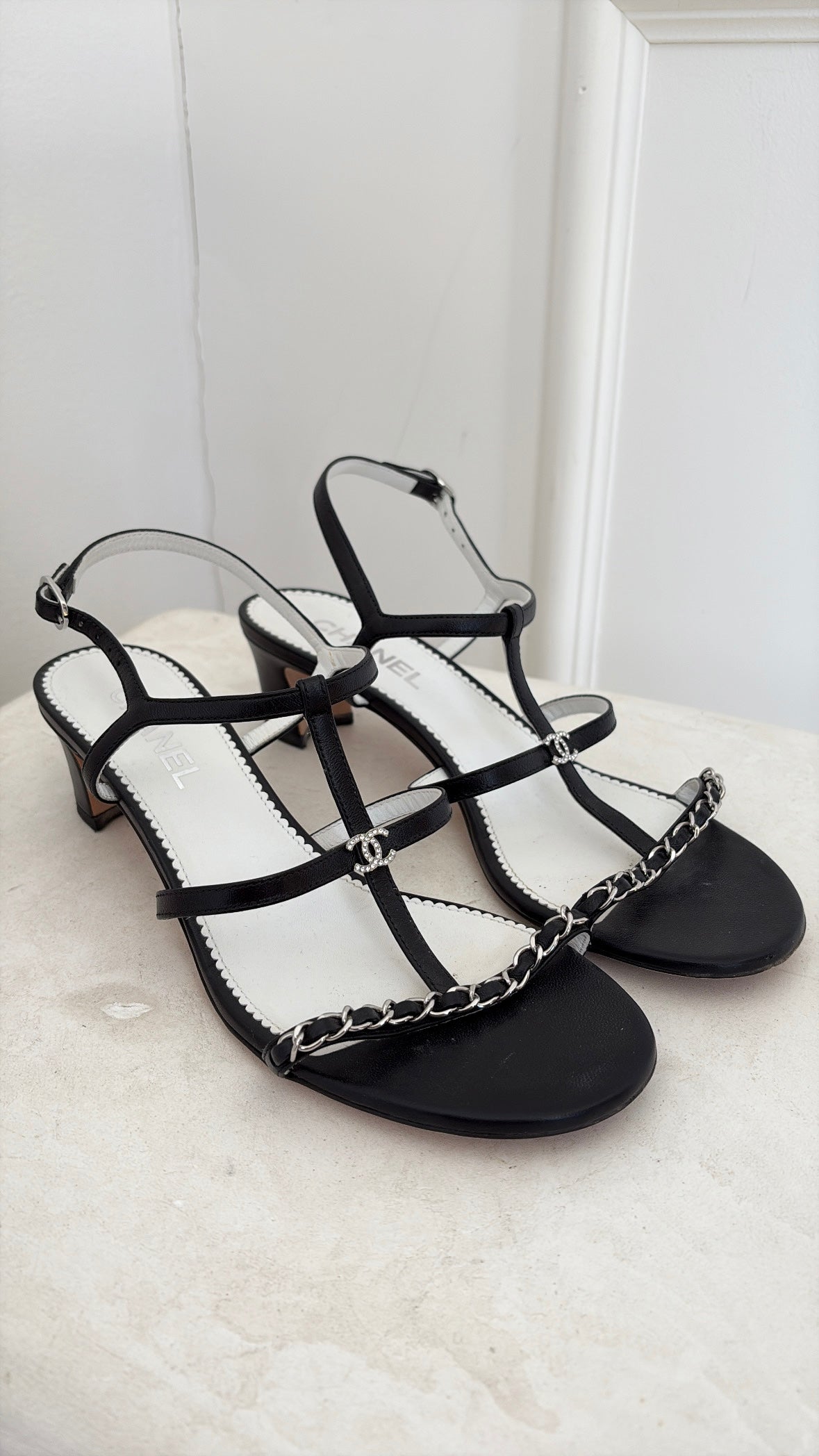 Chanel Black Leather Strappy Chain Logo Heels, 39.5C
