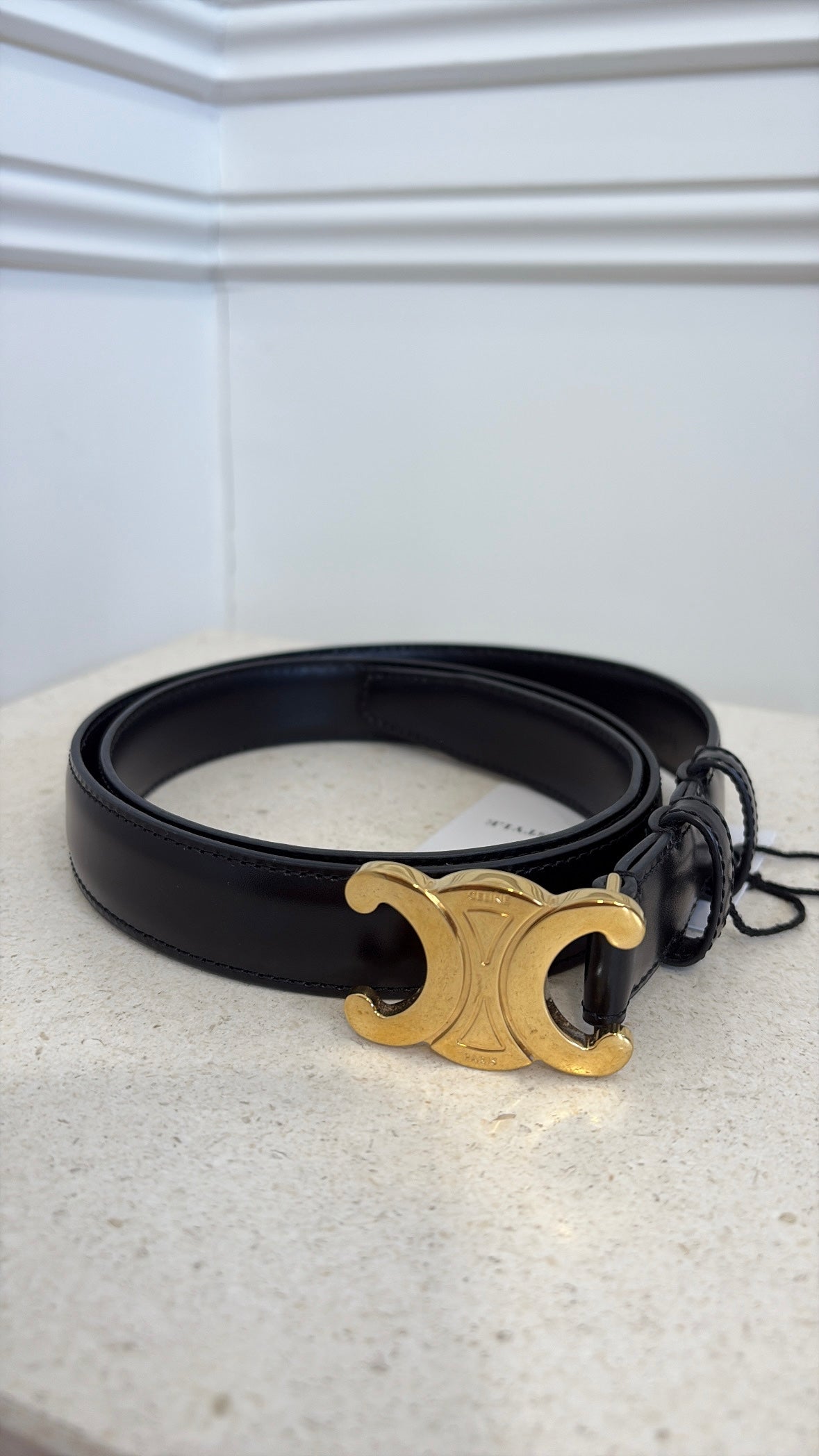 Celine Black Leather Triomphe Belt, 90