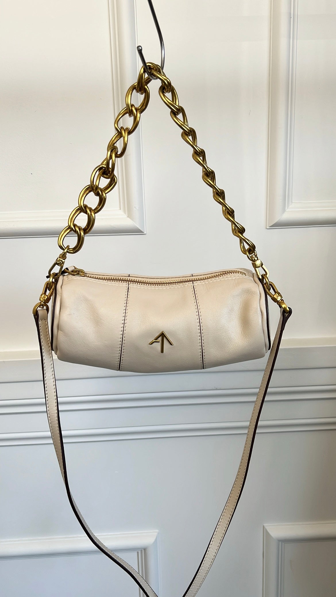 Manu Atelier Cream Leather Mini Cylinder Shoulder Bag