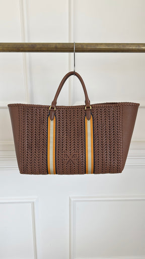 Anya Hindmarch Tan Woven Leather Tote with with Yellow Stripe