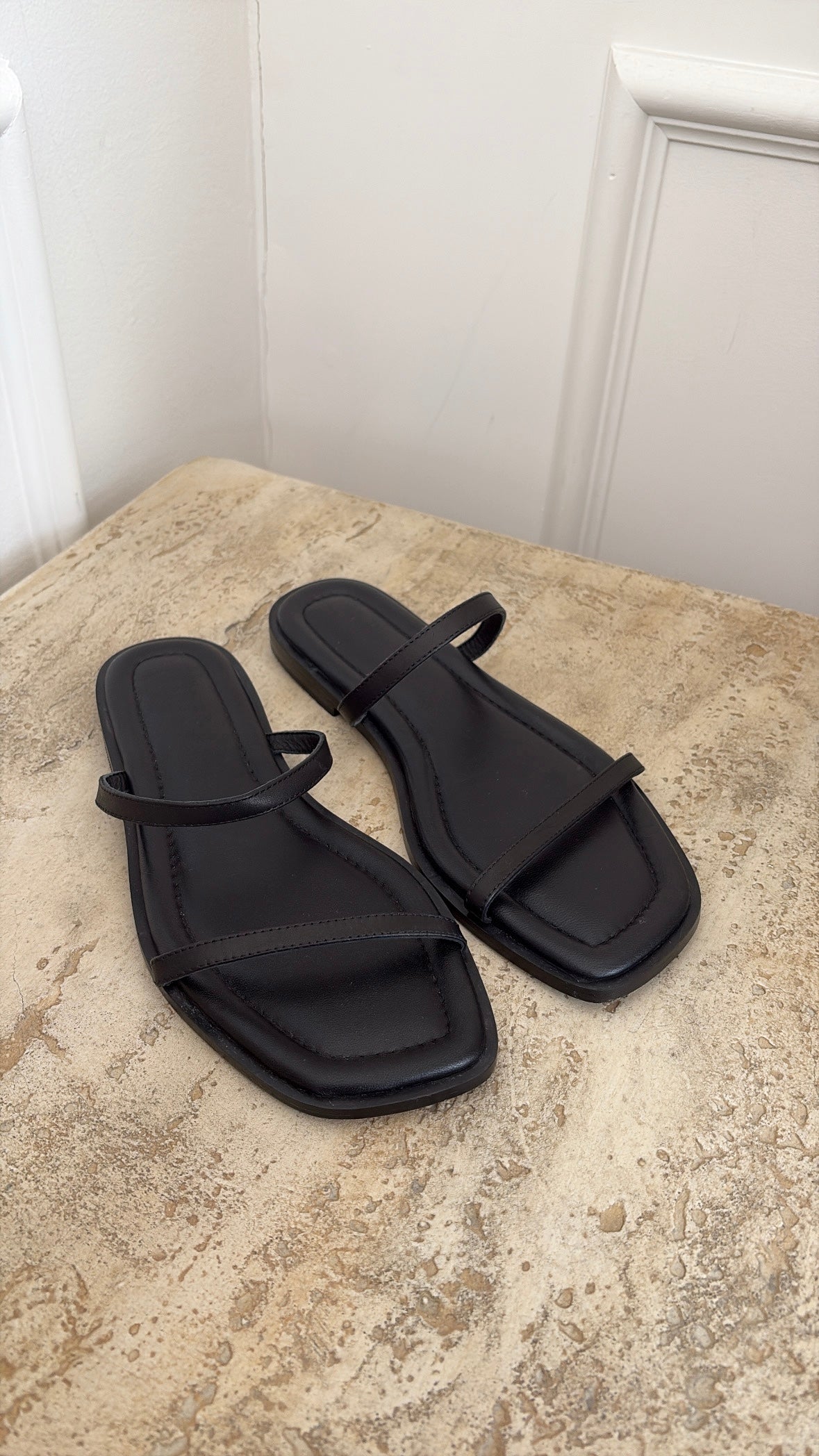 a.emery Black Leather Strappy Slides, 40