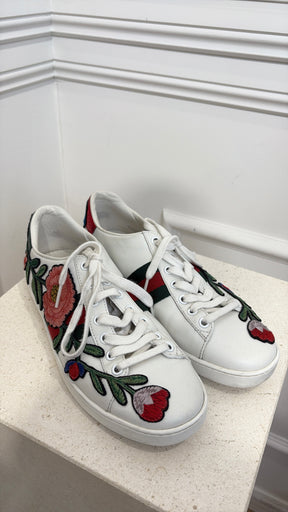Gucci Floral Embroidered Sneakers White Red, 38