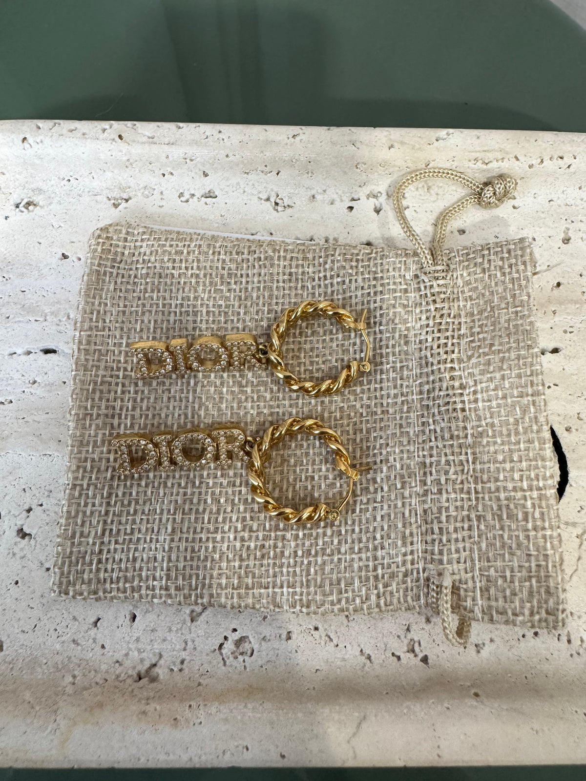 Dior Gold Tone Crystal Logo Drop Hoop Earings