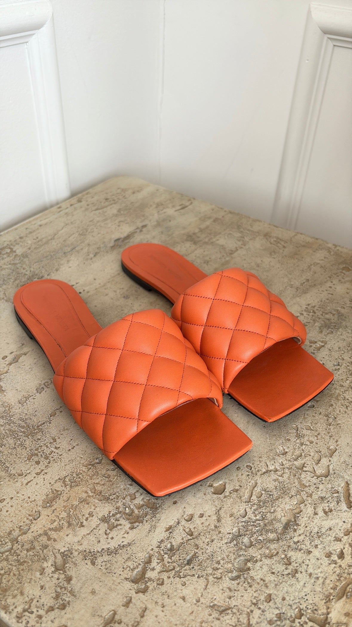 Bottega Veneta Orange Quilted Lido Slides, 41