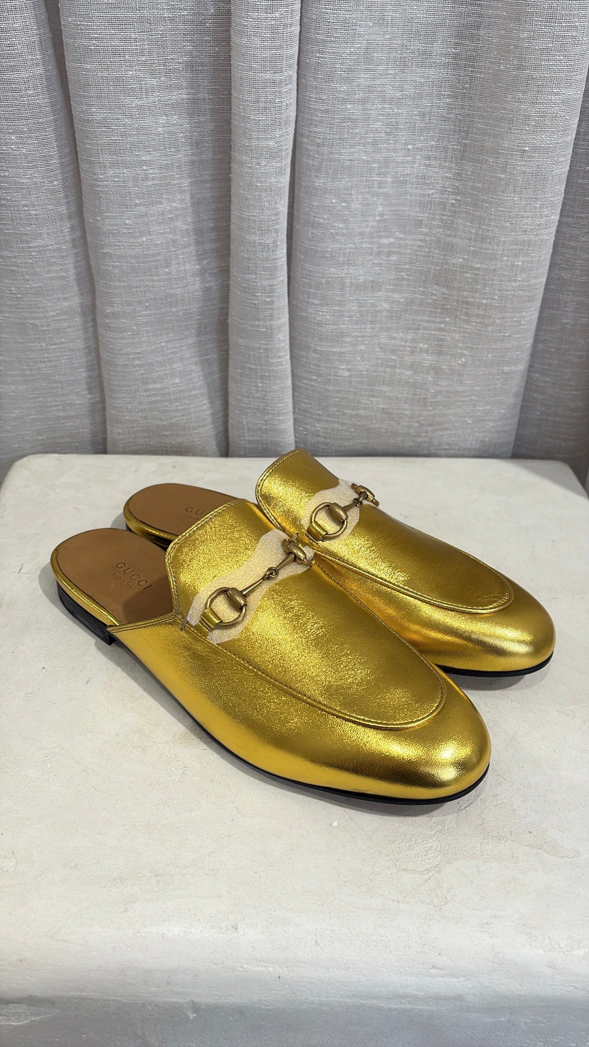Gucci Gold Leather Princeton Mules, 39.5