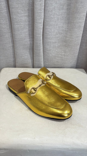 Gucci Gold Leather Princeton Mules, 39.5