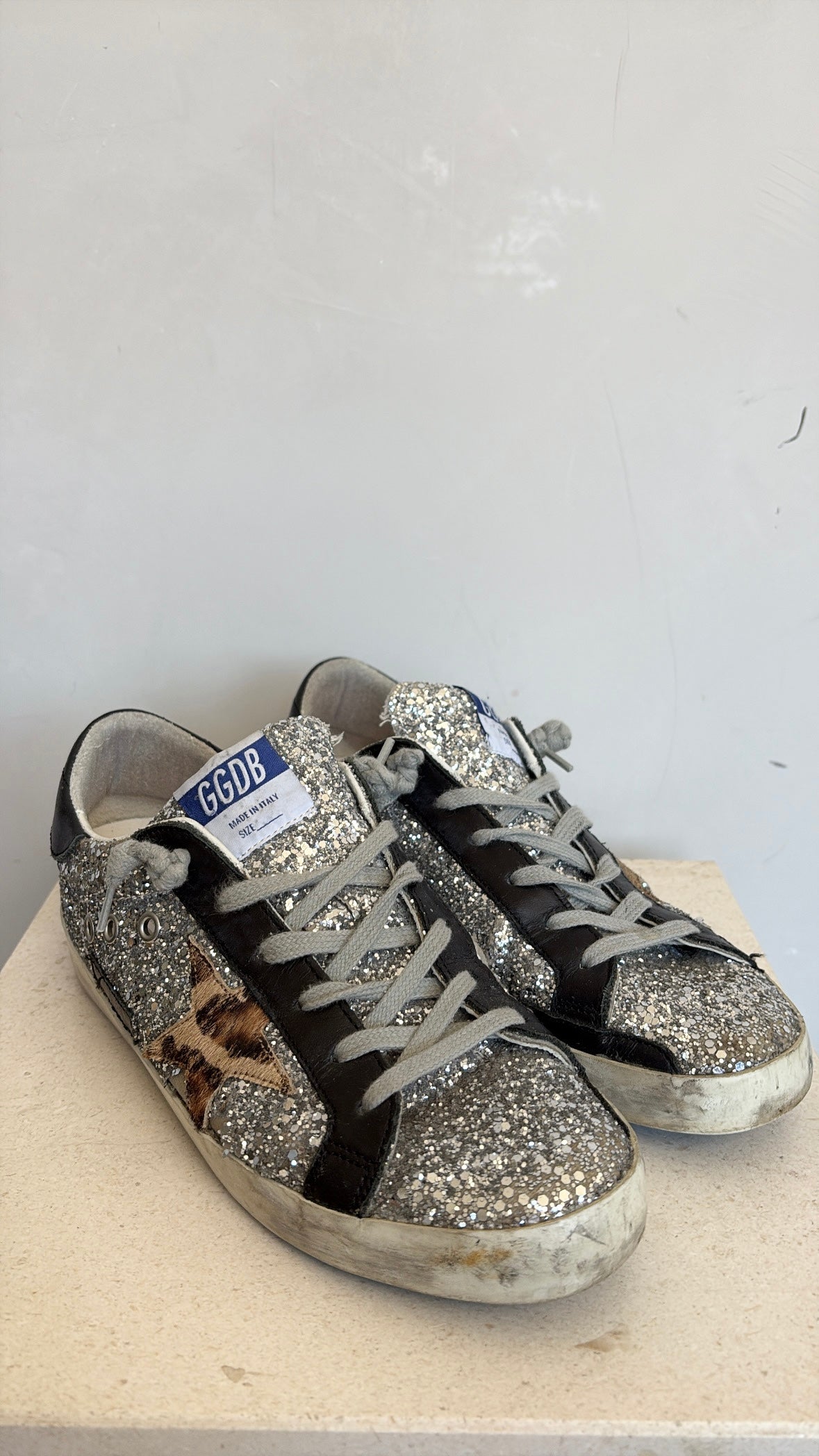 Golden Goose Black and Silver Glitter Superstar Sneakers, 39