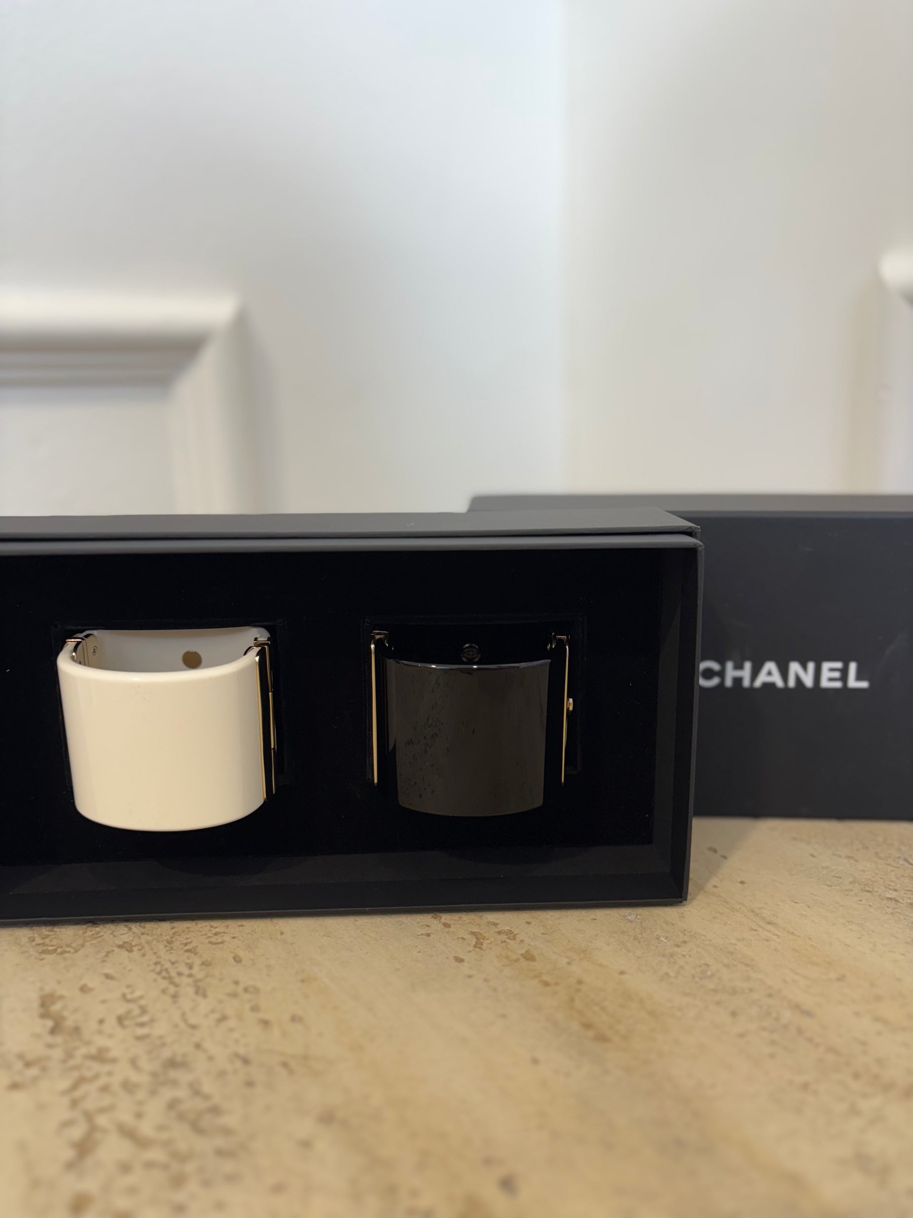 Chanel White and Black Acrylic Logo Cuff Set