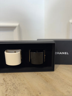 Chanel White and Black Acrylic Logo Cuff Set