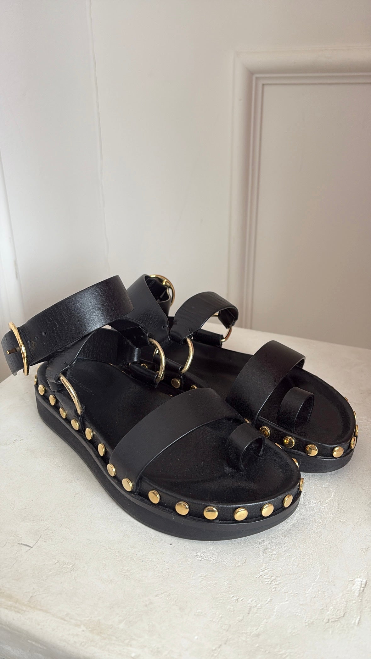 Isabel Marant Black Leather Nirvy Stud Trim Platform Sandals, 37