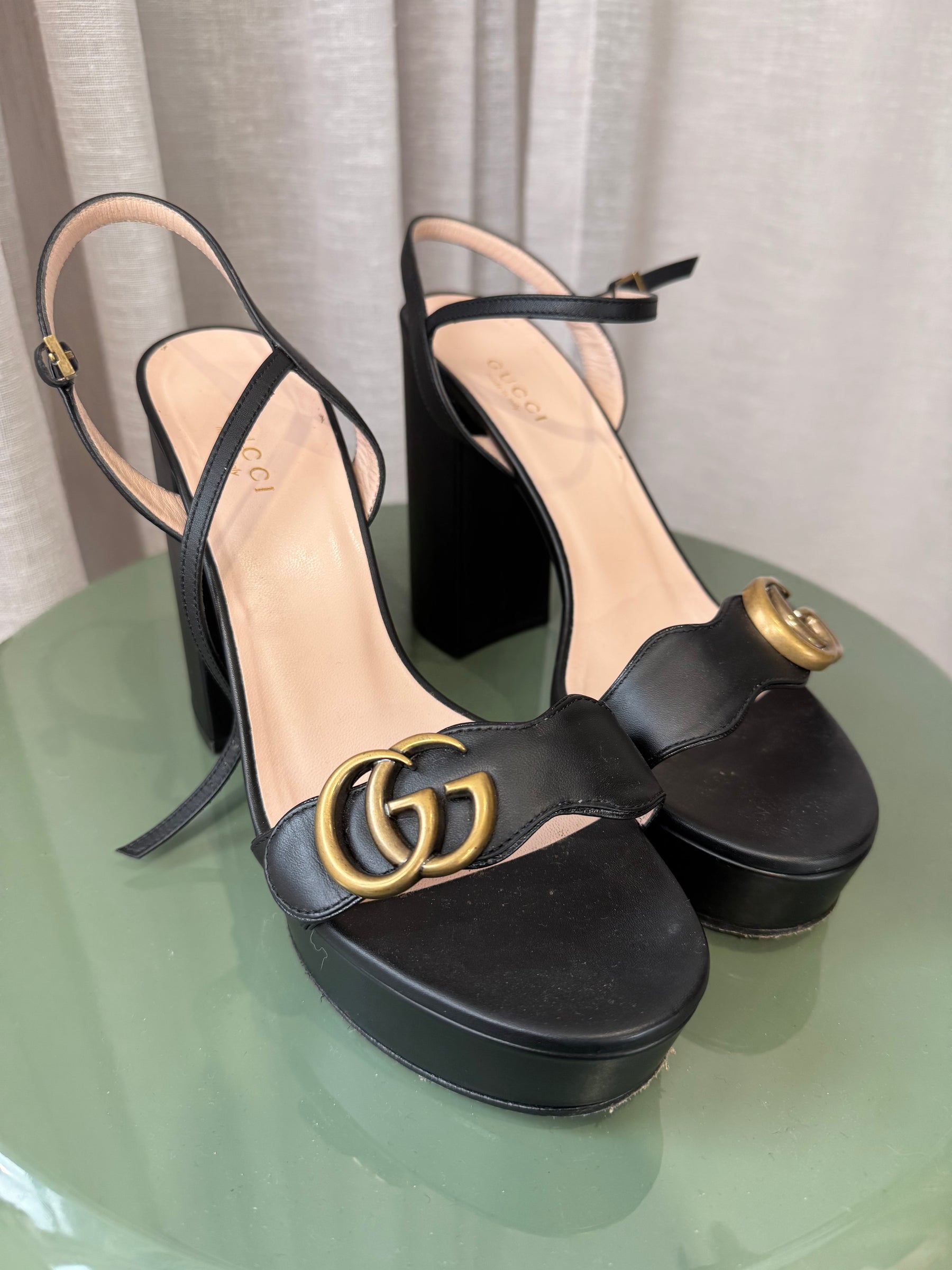 Gucci Marmont Black Leather Platform Sandal, 37.5