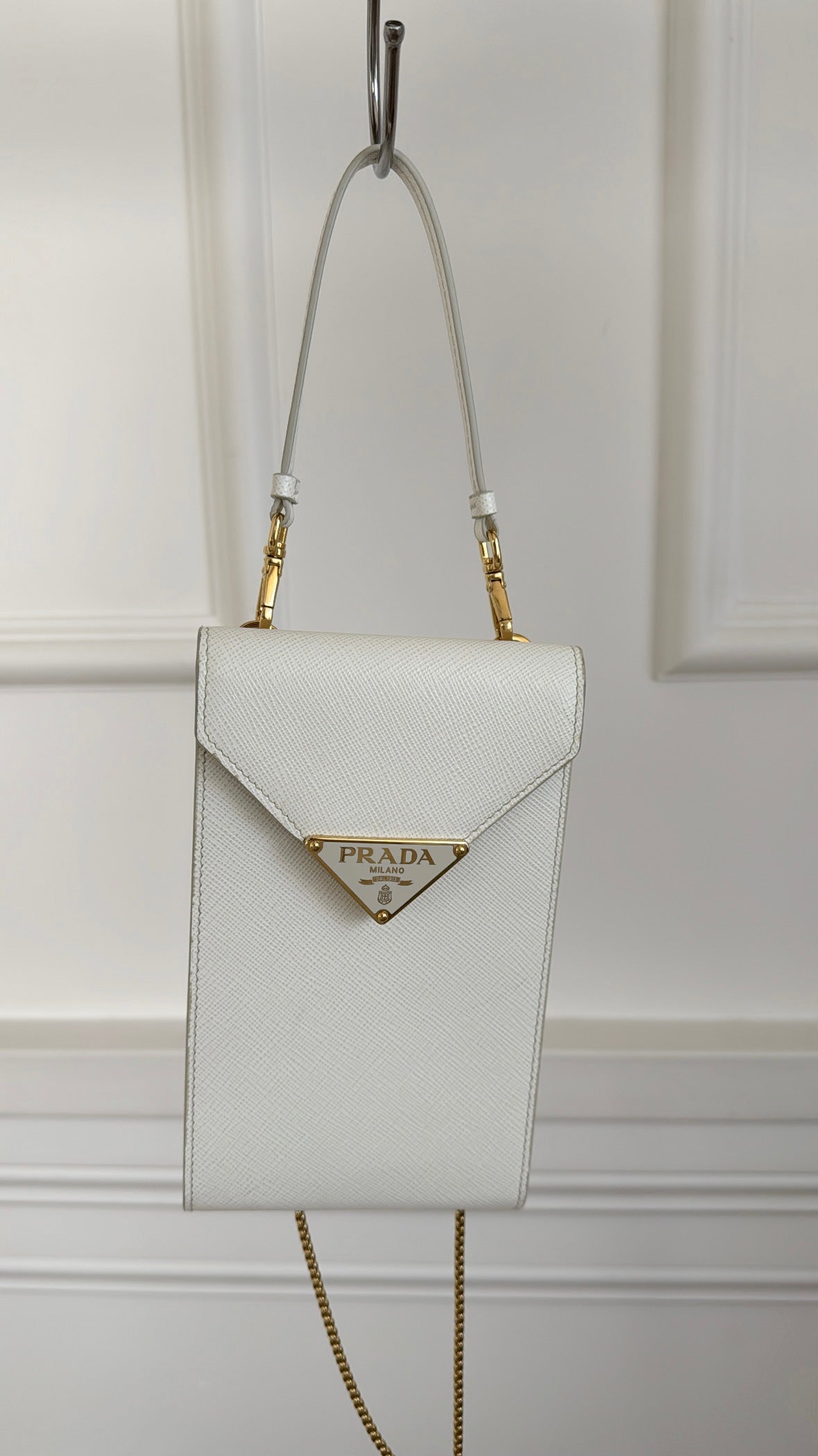 Prada Mini Saffiano Triangle Crossbody Phone Bag White
