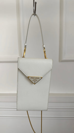 Prada Mini Saffiano Triangle Crossbody Phone Bag White