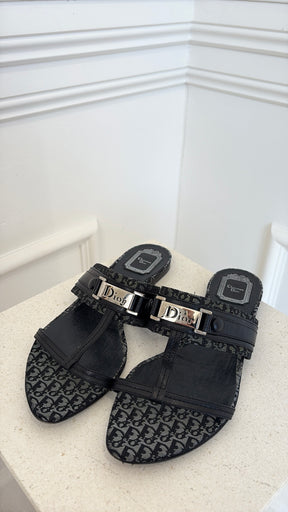 Dior Black Metallic Leather Silver Logo Slides, 40