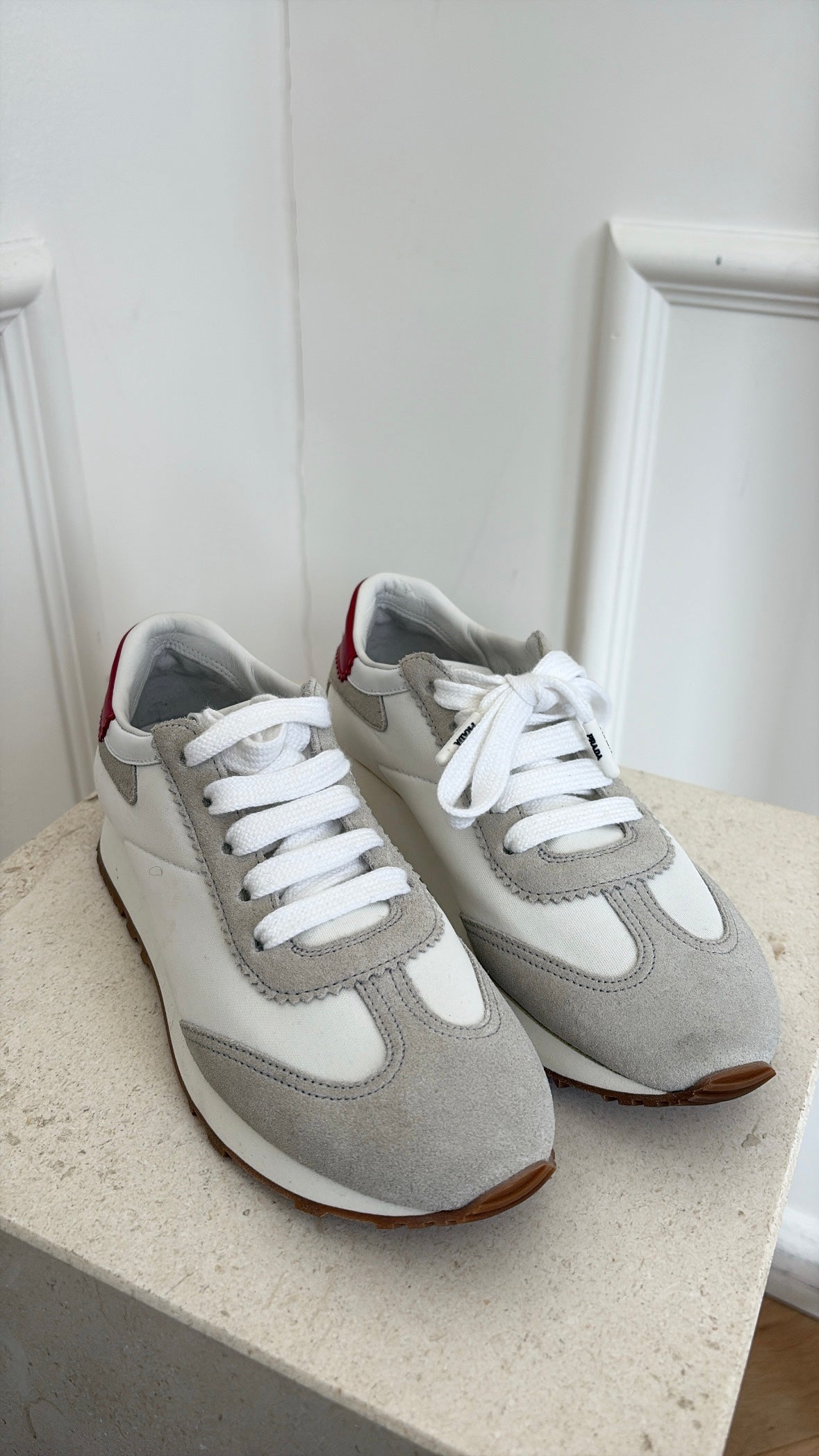 Prada Grey White Sneakers With Red Branding, 35