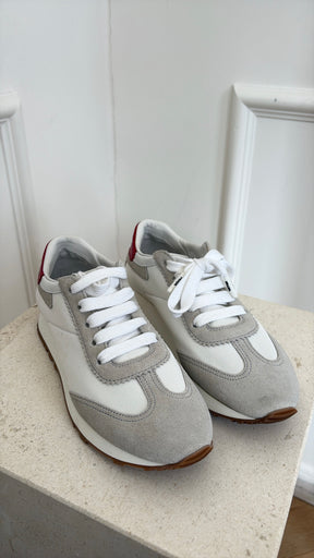 Prada Grey White Sneakers With Red Branding, 35