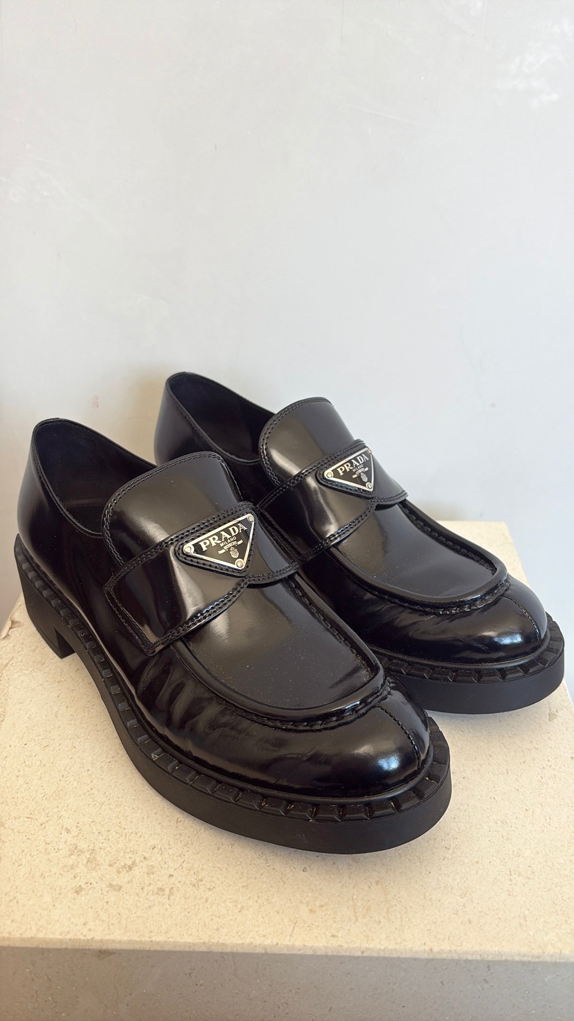 Prada Black Brushed Leather Loafer, 39.5
