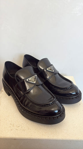 Prada Black Brushed Leather Loafer, 39.5