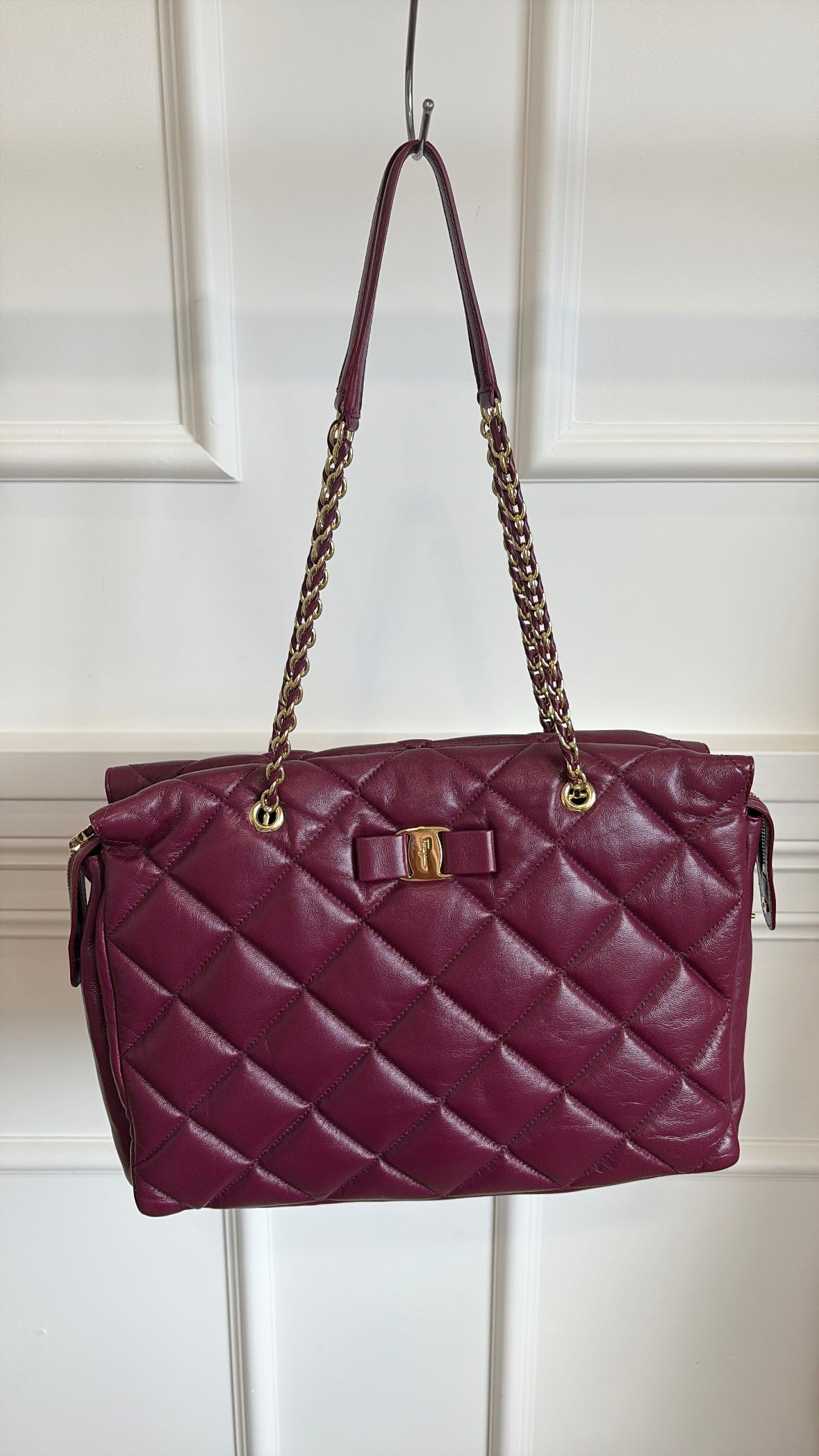Salvatore Ferragamo Plum Quilted Leather Shoulder Tote