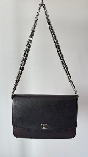Chanel Black Irridescent Black Caviar Leather Wallet On Chain