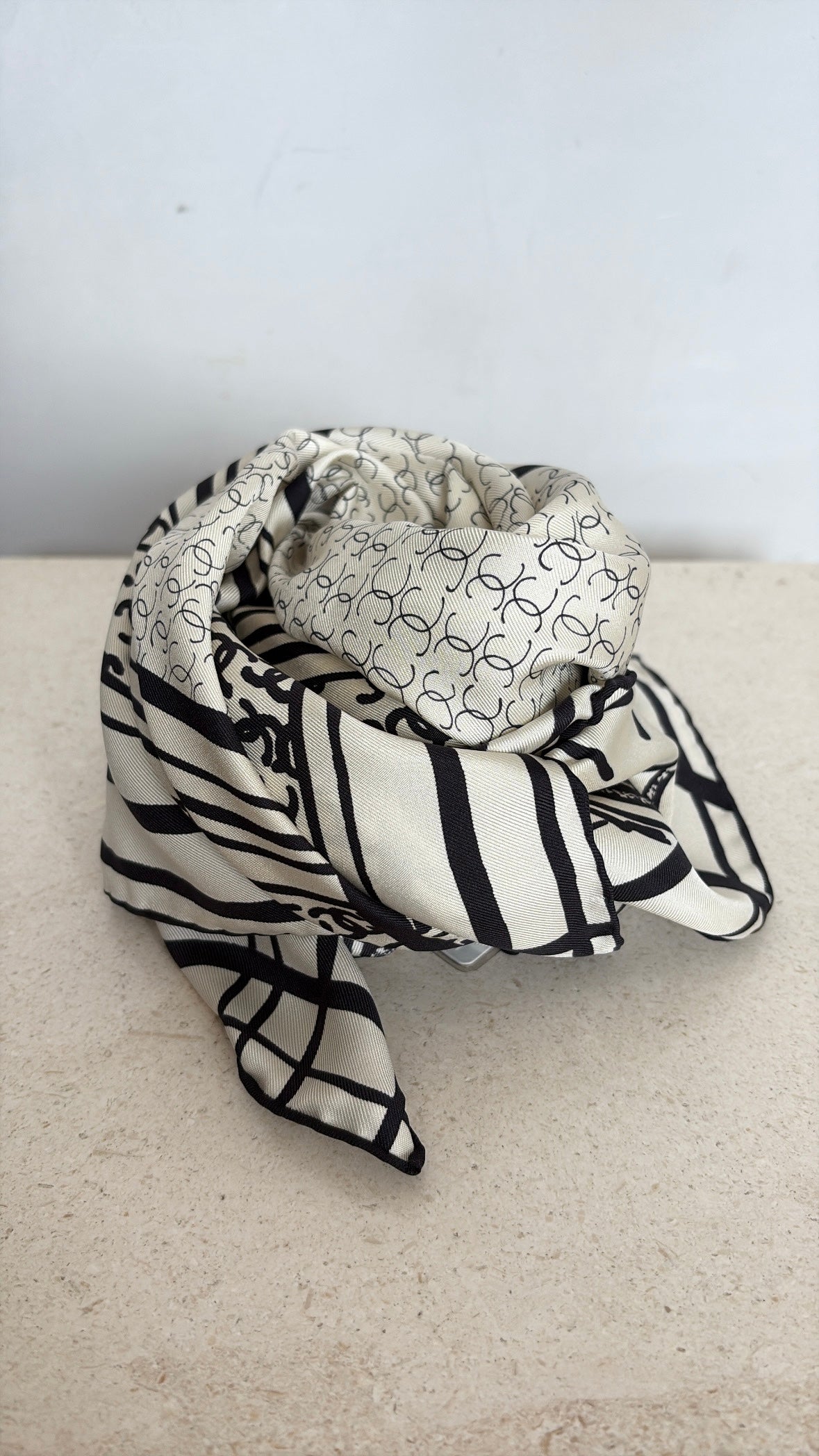 Chanel Black and Cream Logo Silk Scarf