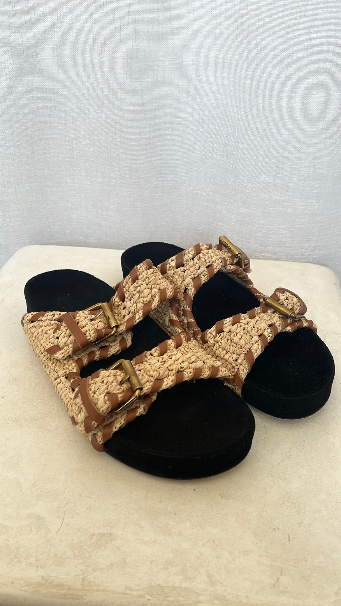 Isabel Marant Lennyo Leather Trimmed Woven Raffia Sandals, 40