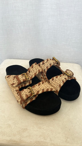 Isabel Marant Lennyo Leather Trimmed Woven Raffia Sandals, 40